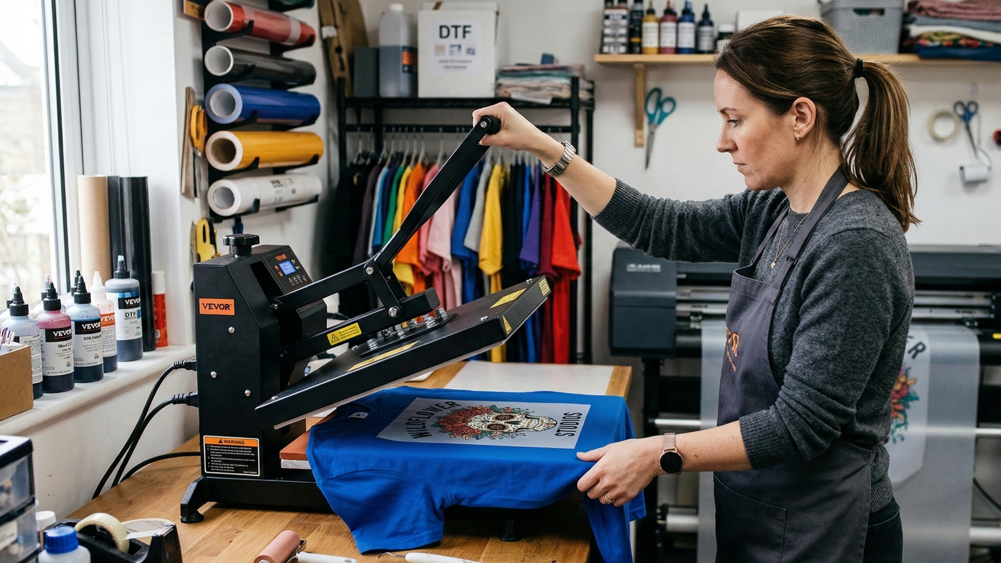 Pressage transfert DTF sur tee-shirt